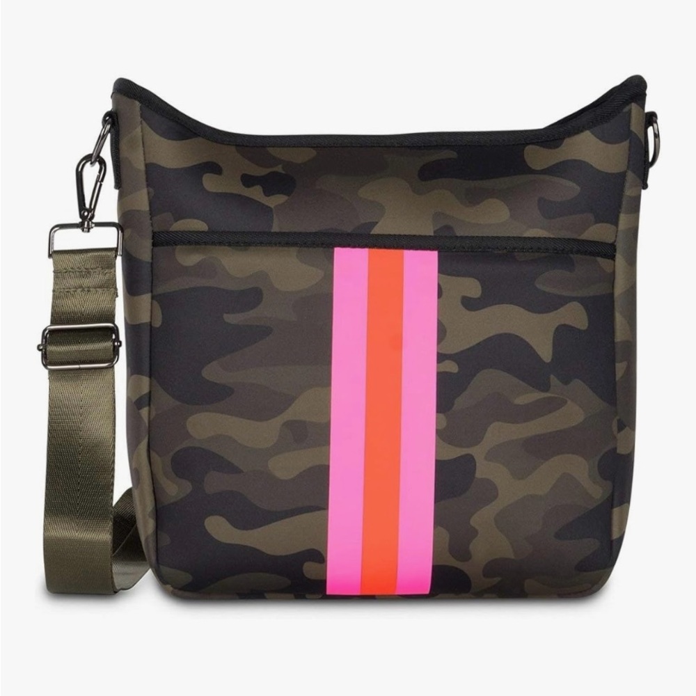 Haute Shore Camouflage Crossbody Bag with Pink and Orange Stripe